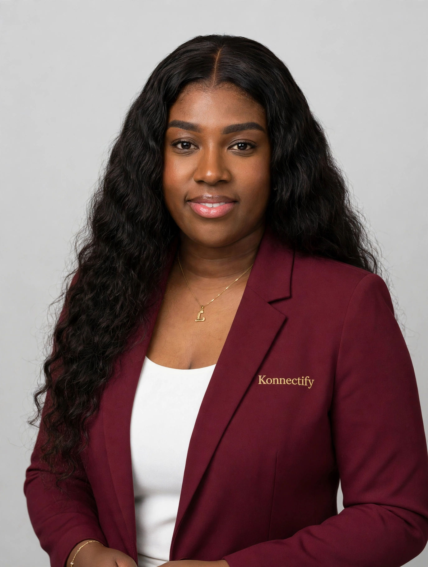 Toya, founder of Konnectify, in a burgundy Konnectify blazer